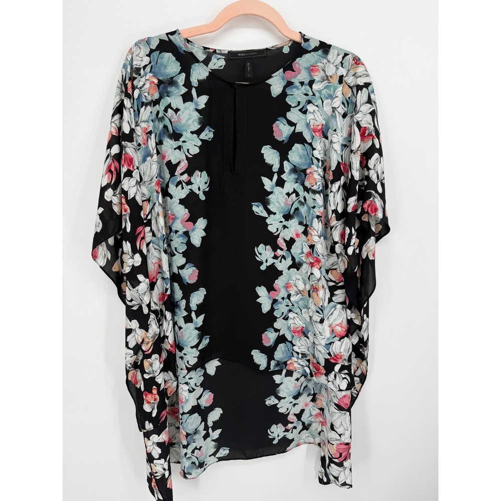 BCBGMAXAZRIA Kaftan Blouse Womens Medium Black Floral High Low Kimono Top - Picture 1 of 8